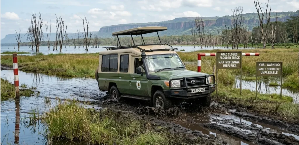 Lake Nakuru Water Levels 2026: Why Your Old Safari Map is Now "Underwater" 5 A 4x4 vehicle navigating the flooded tracks and mud traps of Lake Nakuru in 2026.