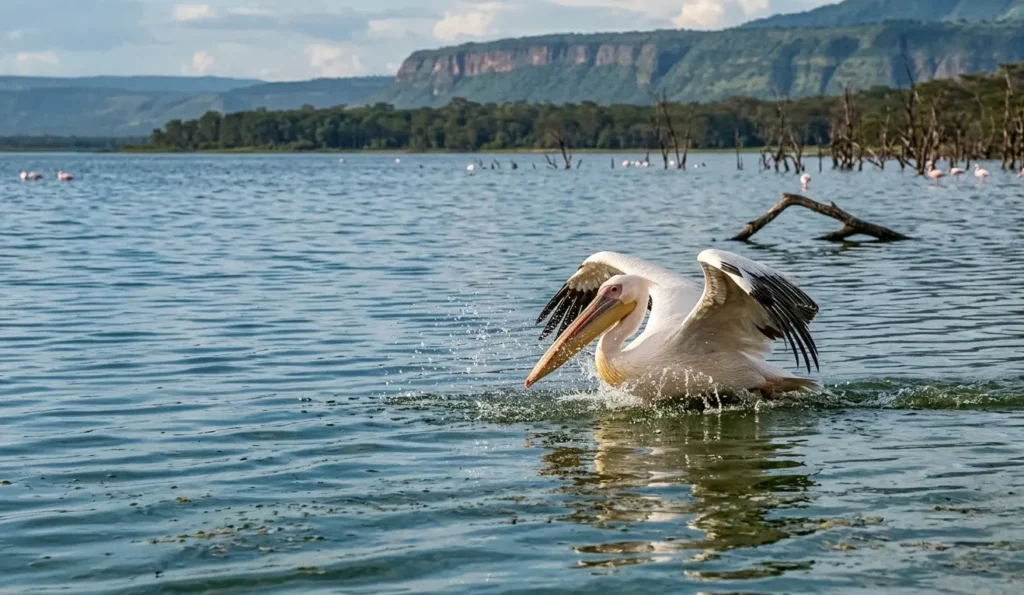 Lake Nakuru Water Levels 2026: Why Your Old Safari Map is Now "Underwater" 2 A Great White Pelican on Lake Nakuru showing the shift in birdlife due to rising water levels in 2026.