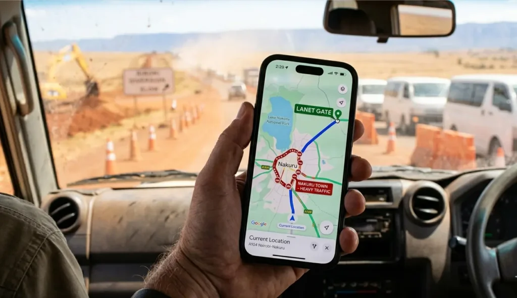 GPS map showing the Lanet Gate entrance as a shortcut to bypass Nakuru city traffic in 2026
