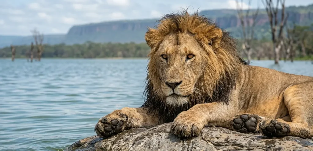 Lake Nakuru Water Levels 2026: Why Your Old Safari Map is Now "Underwater" 4 A lion seeking high ground on a rock in the Naishi sector due to Lake Nakuru water levels in 2026.