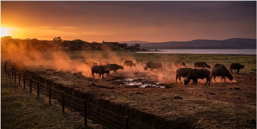 The 5 Best Lake Nakuru Lodges for Wildlife Viewing 2026: A Balcony-View Report 6 Buffalo and rhino gathered at the Lake Nakuru Lodge salt lick in 2026.