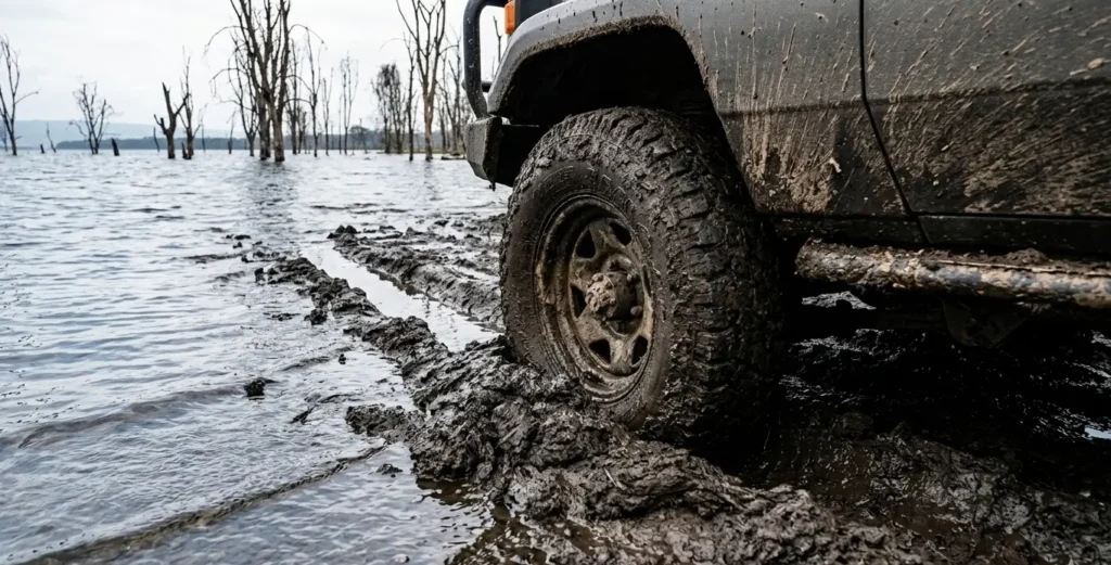 Treacherous black cotton soil mud traps and submerged roads in Lake Nakuru 2026.