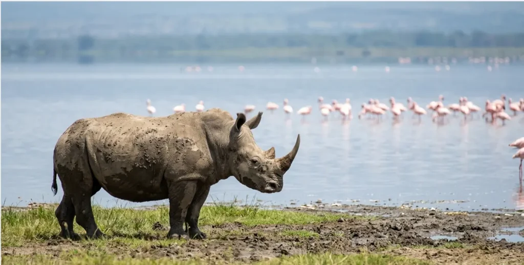 Nairobi to Nakuru by SGR Train? The 2026 “Suswa Trap” & Road Reality Guide 5 A rhino at the lake's edge, illustrating the goal of the Nairobi to Nakuru by train journey.