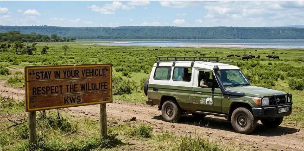 KWS safety signage and ranger presence in Lake Nakuru National Park for 2026 visitors.