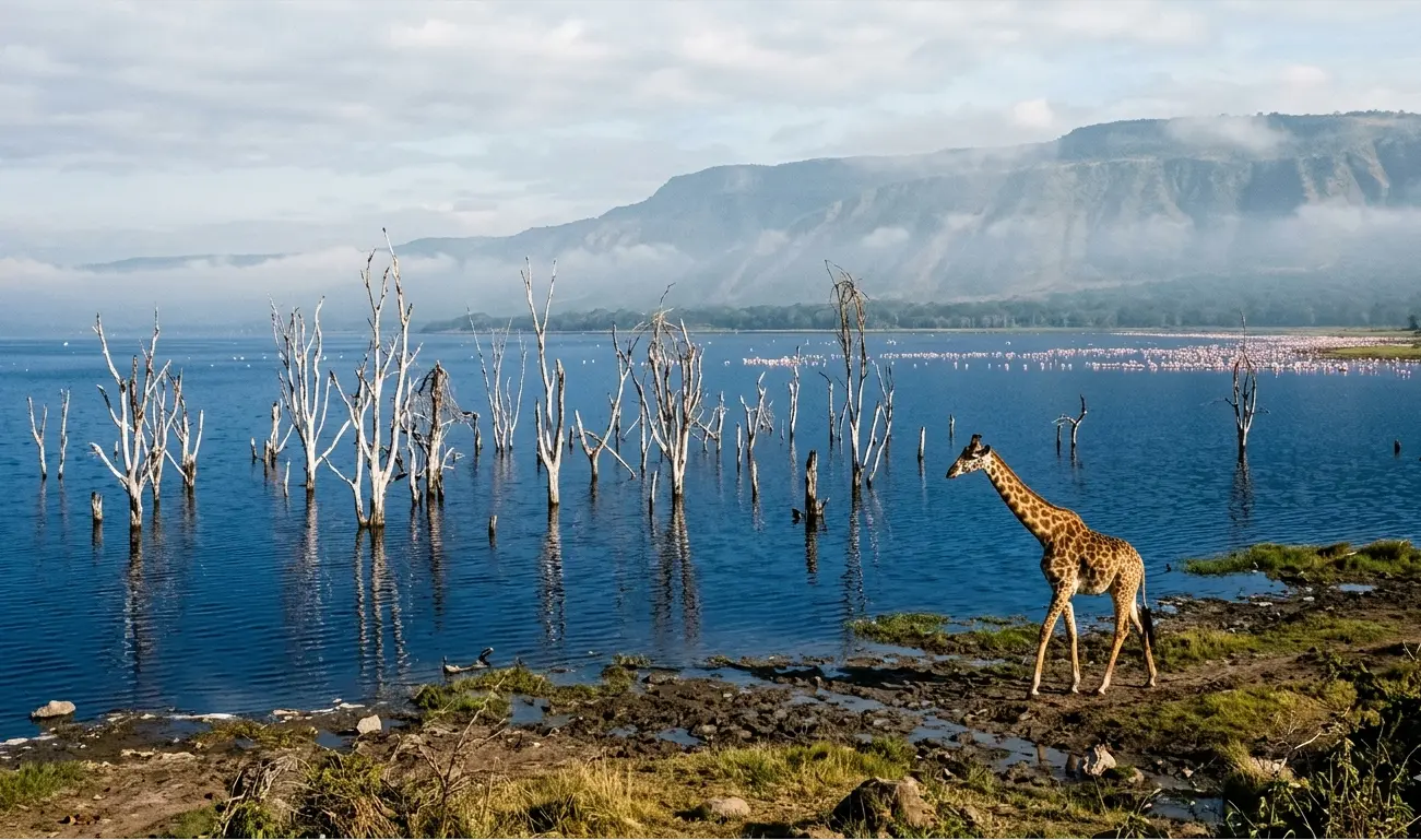 A Rothschild's giraffe near submerged trees in Lake Nakuru National Park.