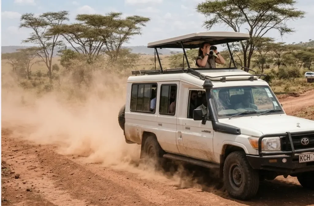 Is a Lake Nakuru Day Trip Worth It? 2026 Honest Comparison (Day Trip vs. Overnight) 2 A safari vehicle heading to Lake Nakuru for a 1 day itinerary from Nairobi.