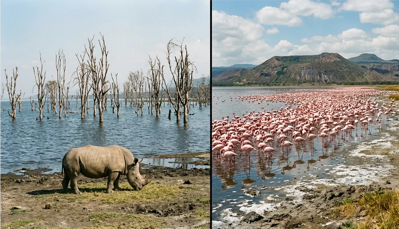 Split view of Lake Nakuru rhinos and Lake Elementaita flamingos for a 2026 safari comparison.