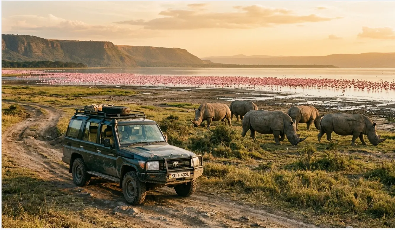 2026 Lake Nakuru safari cost guide featuring a 4x4 Land Cruiser and rhinos by the lake.