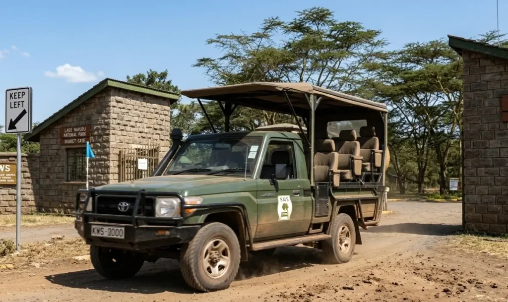 Safari vehicle entering Lanet Gate to begin a 2-day Lake Nakuru safari itinerary 2026.