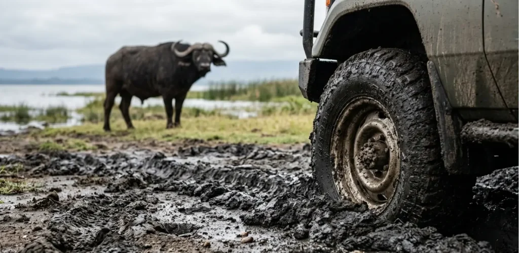 Buffaloes in Lake Nakuru National Park 2026: The “Mud Trap” & Safety Operator’s Report 2 A safari vehicle tire stuck in a mud trap at Lake Nakuru National Park southern sector.