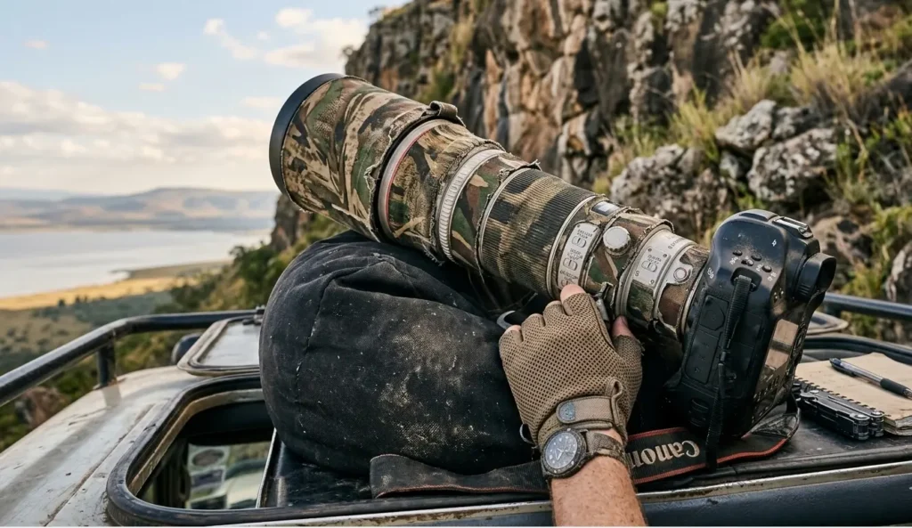 A professional 600mm lens setup for photographing leopards on Lake Nakuru's high ridges 2026.