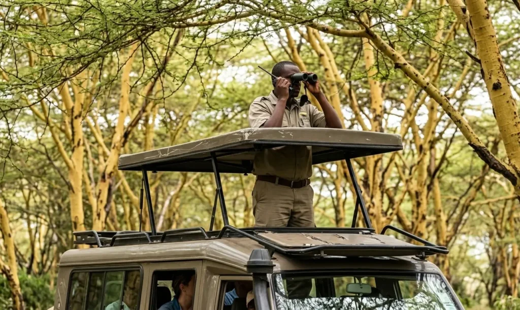 Professional safari guide using a radio network to track leopards in Lake Nakuru 2026.