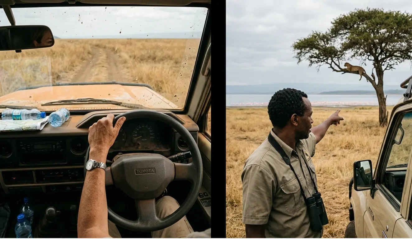 2026 comparison of Lake Nakuru safari self-drive vehicle vs guided tour wildlife spotting.