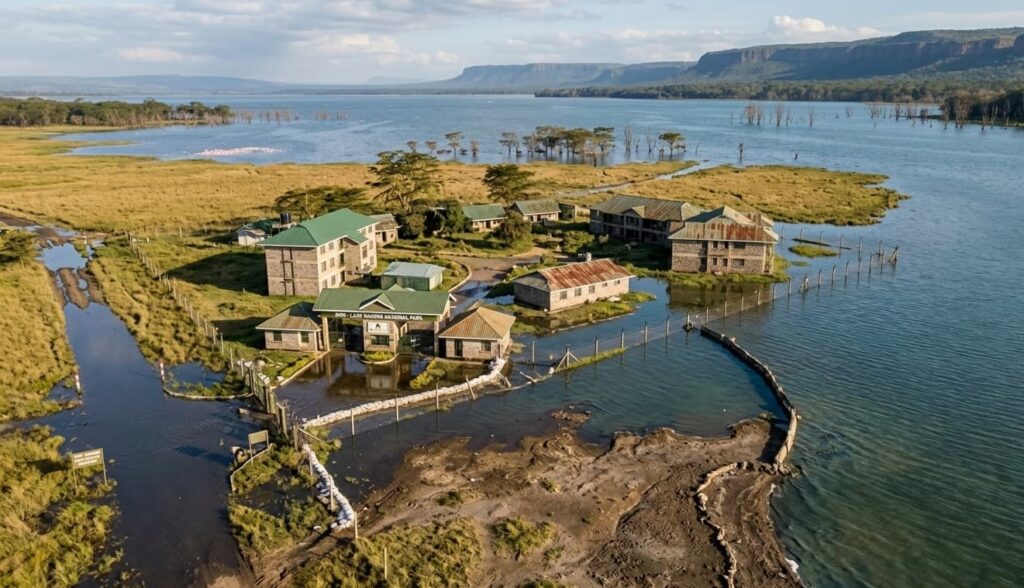 Lake Nakuru Water Levels 2026: Why Your Old Safari Map is Now "Underwater" 6 Aerial view of the expanded Lake Nakuru shorelines reaching the park boundaries in 2026.