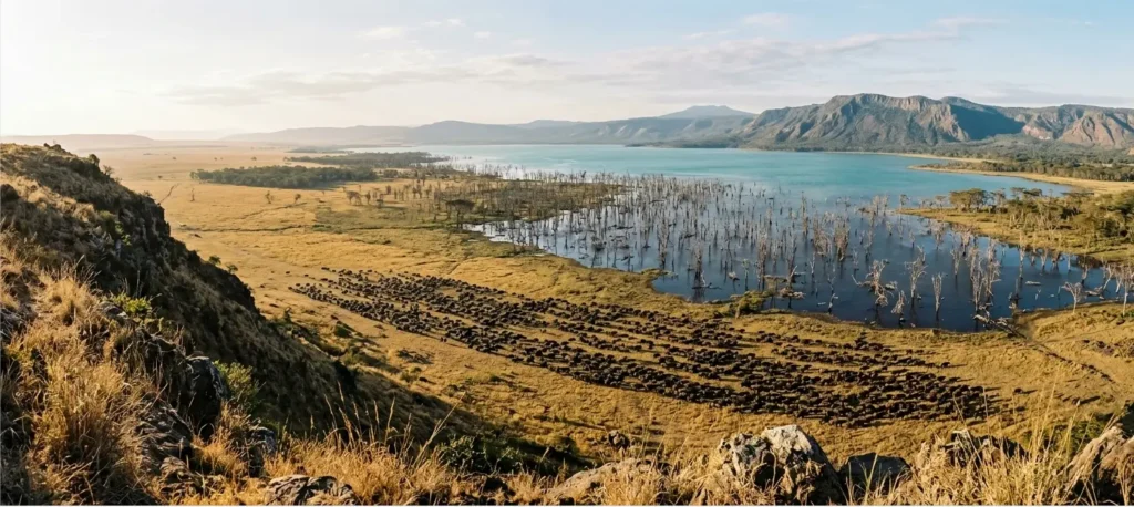 Buffaloes in Lake Nakuru National Park 2026: The “Mud Trap” & Safety Operator’s Report 4 Panoramic view of Southern Sector Buffalo Herds from the Soimet Ridge in 2026.