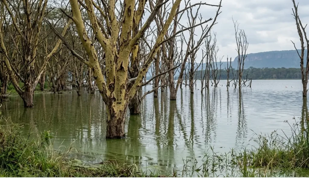 Lake Nakuru Water Levels 2026: Why Your Old Safari Map is Now "Underwater" 3 lake nakuru submerged acacia ghost forest