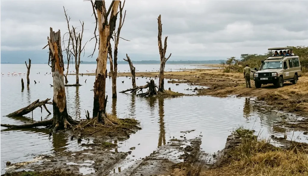 Submerged safari tracks at Lake Nakuru due to rising 2026 water levels, requiring high-ground navigation