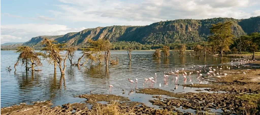 Submerged trees and nomadic flamingos showing the 2026 shifting water levels in Lake Nakuru.
