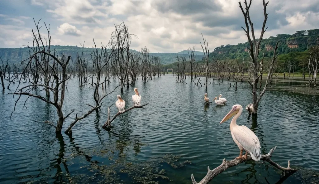 Is a Lake Nakuru Day Trip Worth It? 2026 Honest Comparison (Day Trip vs. Overnight) 4 Submerged acacia trees in Lake Nakuru showing the 2026 flooded water levels.
