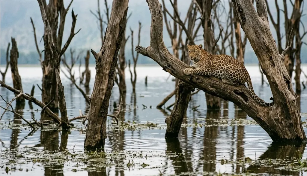 A leopard perched in a flooded acacia "Ghost Forest" caused by rising Lake Nakuru water levels in 2026.