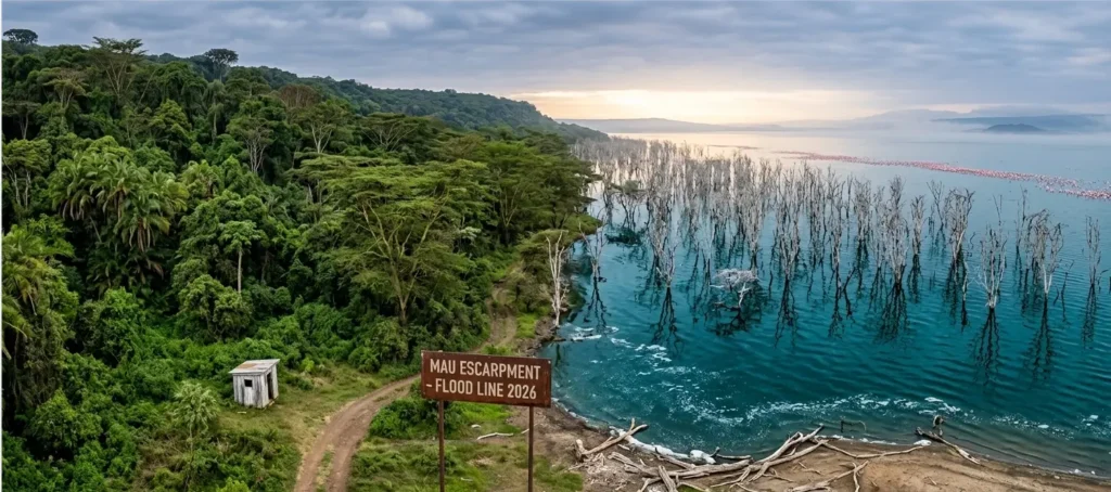 5 Best Lake Nakuru Lodges for Wildlife Photography: A 2026 Pro-Lens & Logistical Comparison 2 Wide panoramic view of Lake Nakuru water levels showing the 2026 flooded forest area.