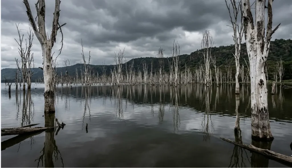 Submerged acacia trees in Lake Nakuru due to rising 2026 water levels