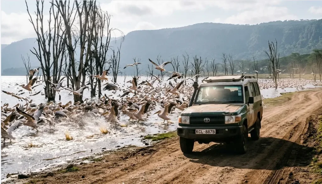 A safari vehicle exploring the flooded shorelines of Lake Nakuru in 2026.