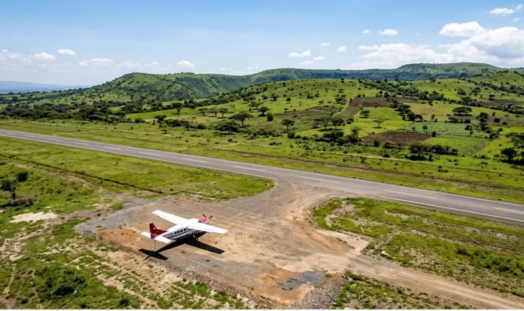Aerial view of Lanet Airstrip, the most reliable flight hub for Lake Nakuru safaris in 2026.