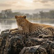 A leopard resting on high-ground basalt rocks in Lake Nakuru National Park.