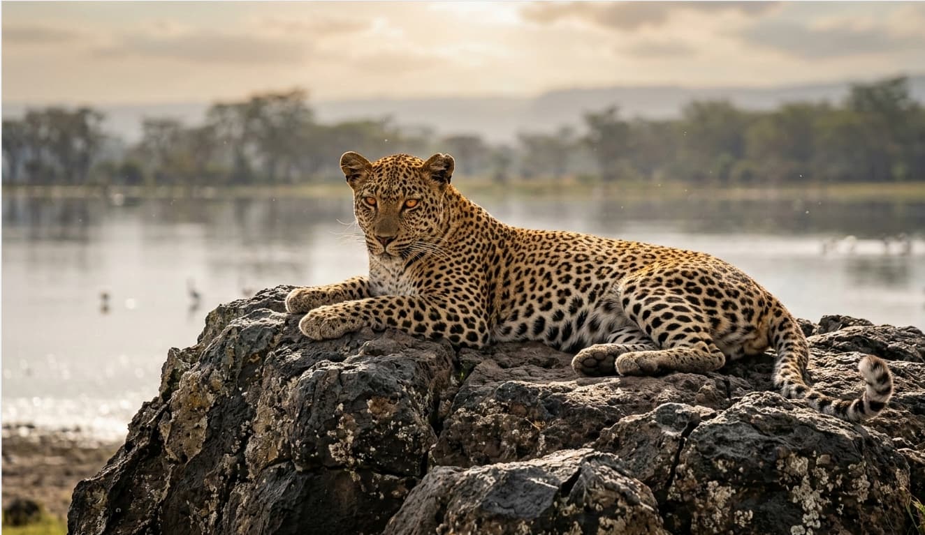 A leopard resting on high-ground basalt rocks in Lake Nakuru National Park.