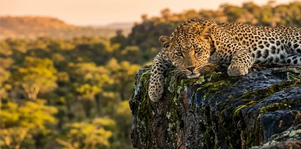 Leopard on a basalt cliff ledge during a 2-day Lake Nakuru safari itinerary 2026.