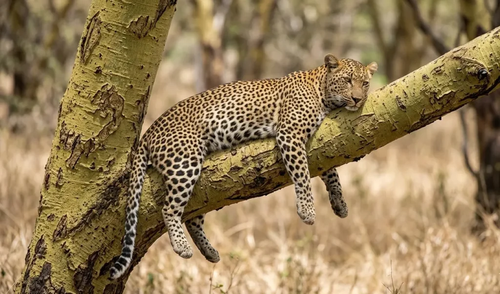 Lake Nakuru Safari Cost 2026: The "No-Surprise" Total Price Per Person 4 Leopard in a yellow fever tree near Naishi in Lake Nakuru National Park 2026.