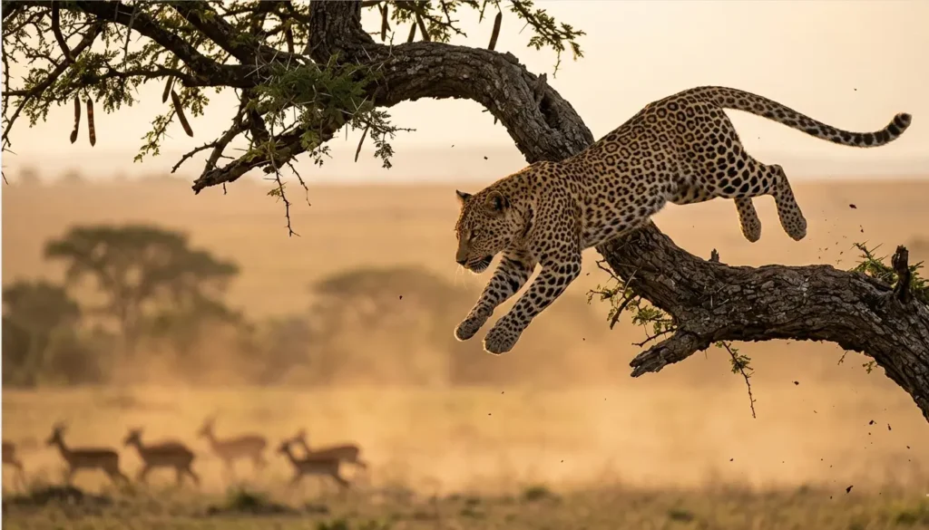 Leopard jumping from an acacia tree in Masai Mara, a reward for proper 2026 fee planning.