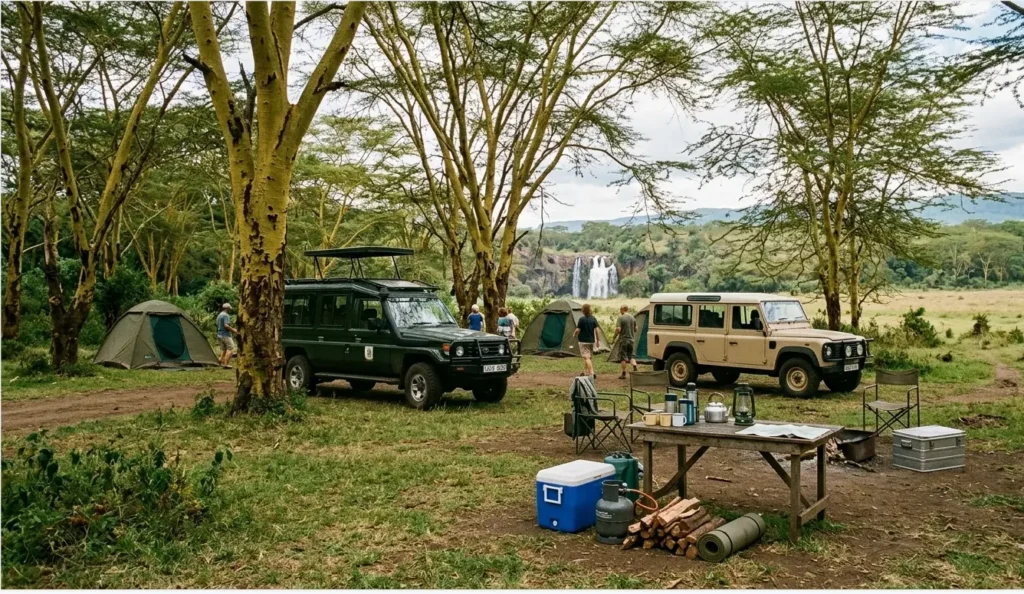 Lake Nakuru Camping 2026: The "Public vs. Special" Reality Check 4 The Makalia Falls public campsite in Lake Nakuru showing the shared facilities and fever tree shade in 2026.
