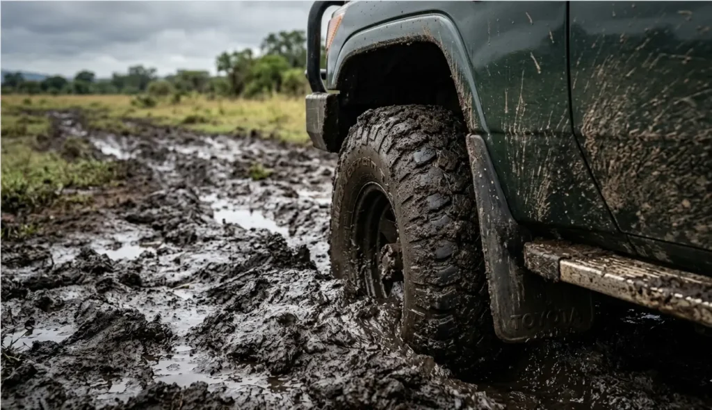 4x4 safari vehicle navigating thick black-cotton mud on the Njoro route 2026