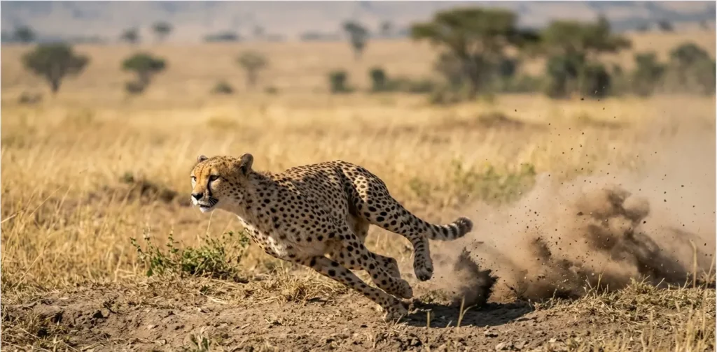 A cheetah hunting in the open plains of the Masai Mara during 2026