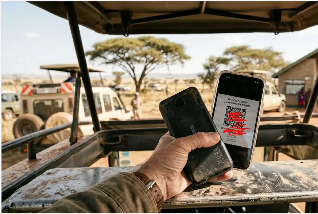 Masai Mara Packing List 2026: 5 Critical Items 90% of Safaris Forget 3 Hand holding a dust-covered power bank and a phone displaying an offline Mara QR permit while waiting in the Sekenani Gate queue in 2026.