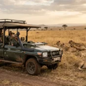 A professional safari Land Cruiser viewing a lion pride in the Masai Mara