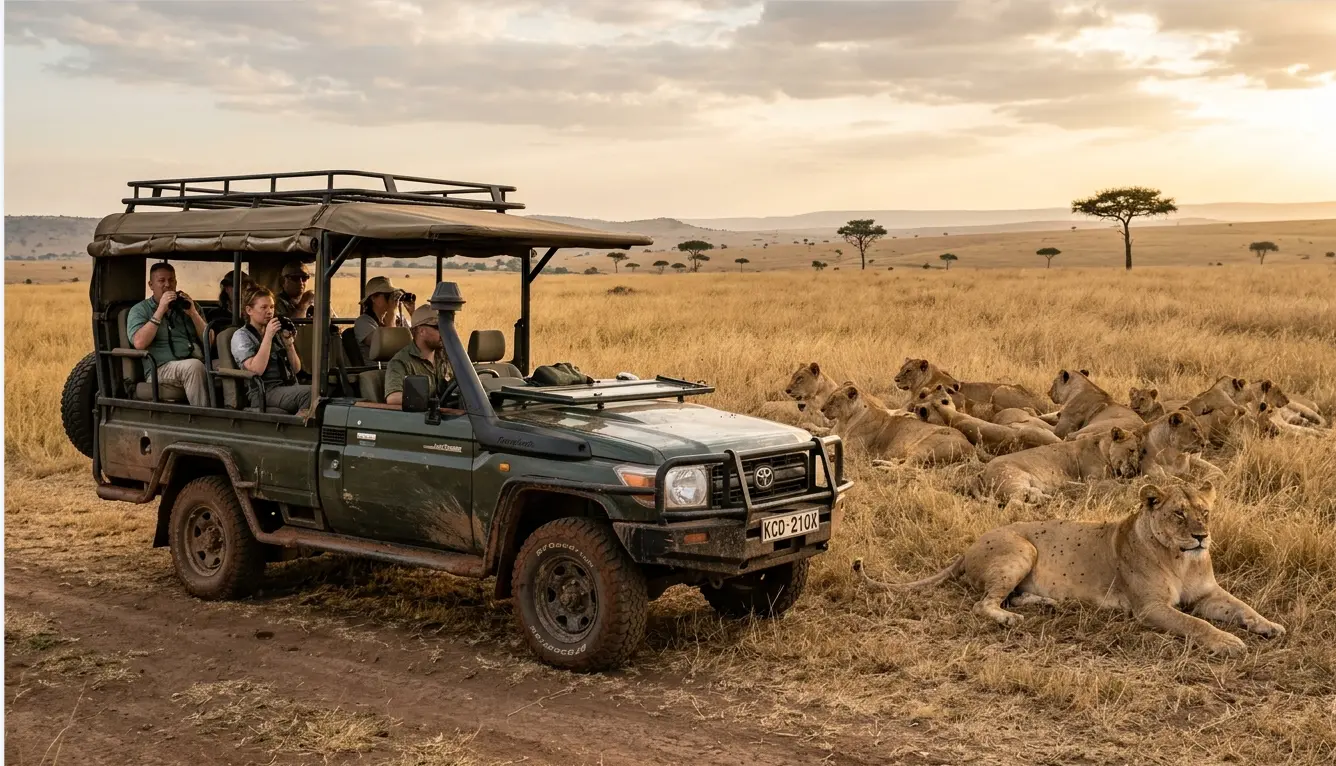 A professional safari Land Cruiser viewing a lion pride in the Masai Mara