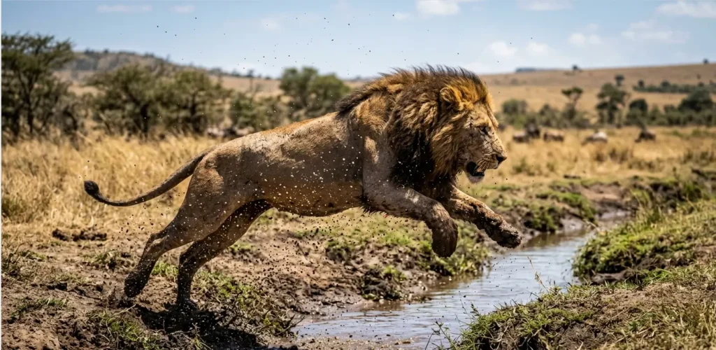 A male lion in action at Masai Mara, the reward for a well-timed Nakuru to Masai Mara drive