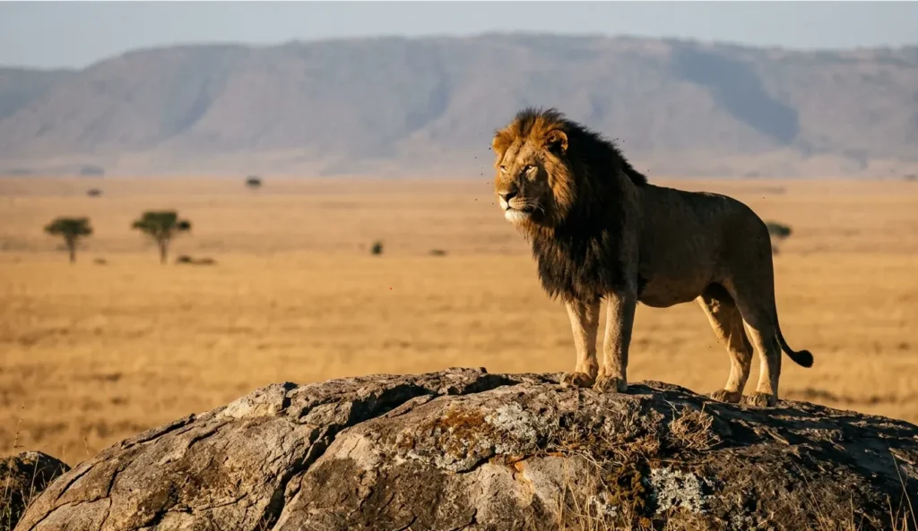 A male lion on a kopje in the remote Musiara Marsh, far from the 2026 tourist crowds.
