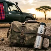 Authentically dusty safari bag with reusable bottle and neck gaiter on the Masai Mara plains, compliant with 2026 rules.