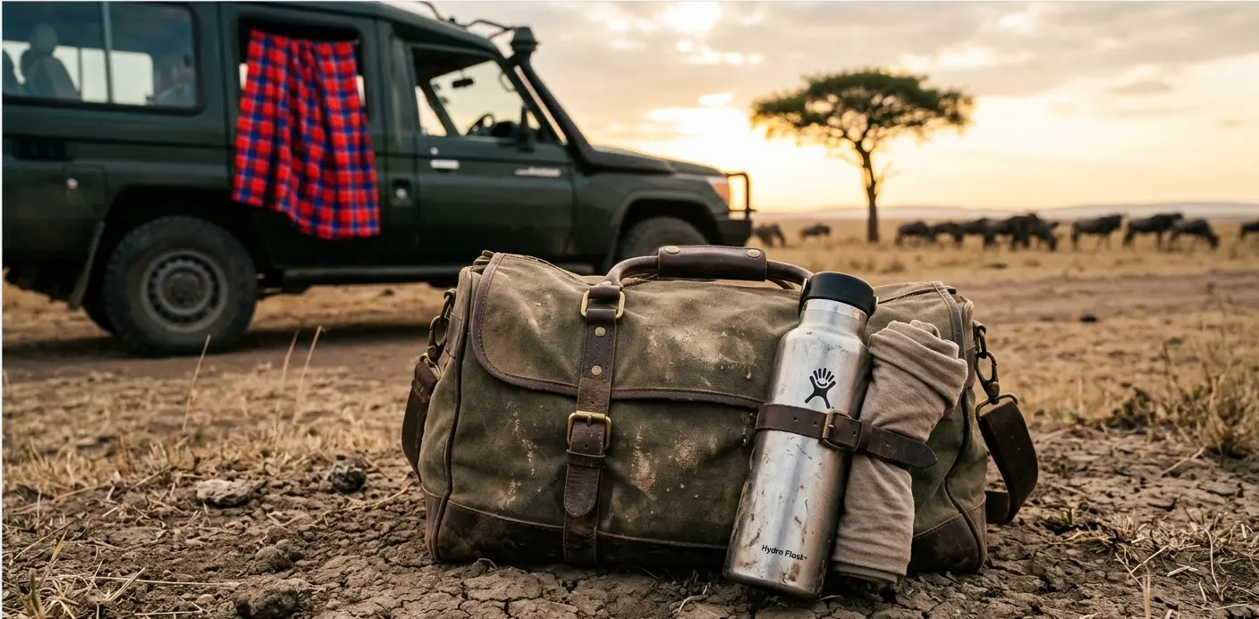 Authentically dusty safari bag with reusable bottle and neck gaiter on the Masai Mara plains, compliant with 2026 rules.