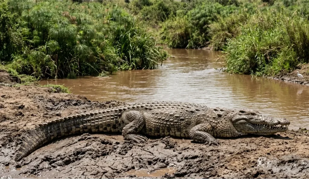 A Nile crocodile on the banks of the Talek River in the Masai Mara 2026
