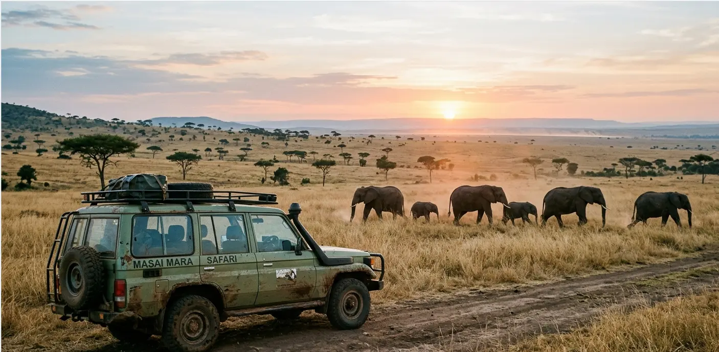 Safari vehicle at sunrise in Masai Mara, planning for 2026 park entry costs.