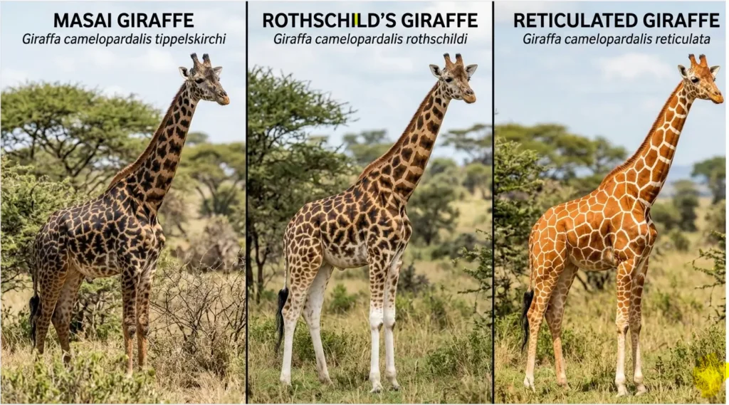 2026 visual comparison between Masai, Reticulated, and Rothschild’s Giraffes in Kenya.