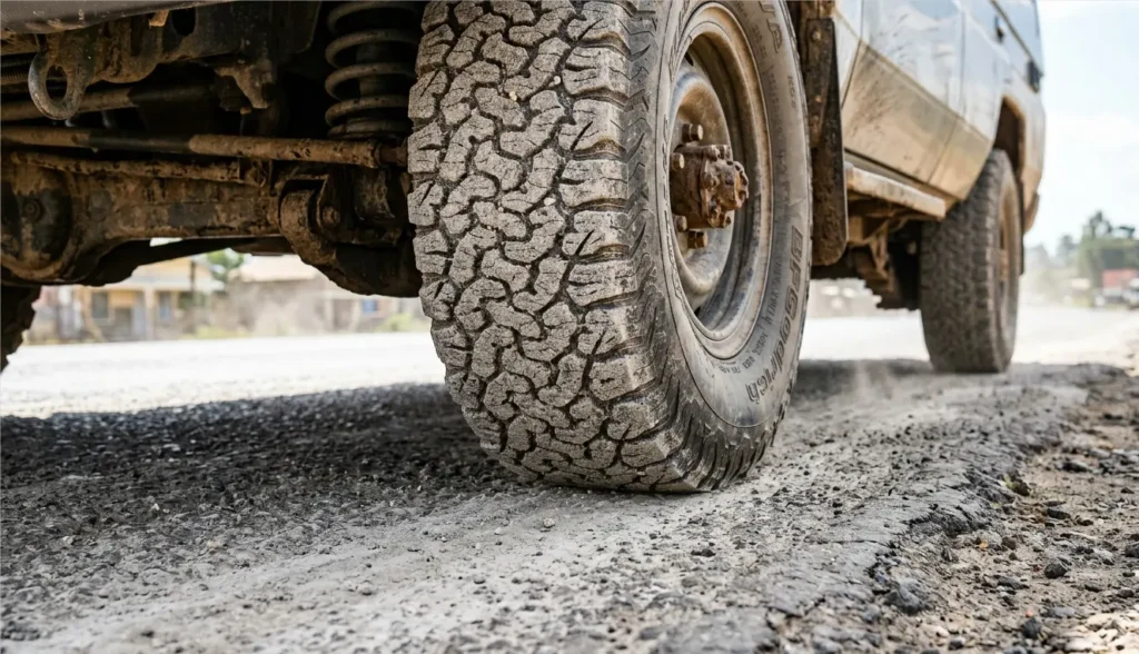 Close up of highland silt on tires during a 2026 Nakuru to Masai Mara driv