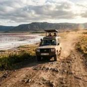 Authentic 2026 safari vehicle driving on a dusty road bridging the flamingo-filled Lake Nakuru with the golden Masai Mara savannah.
