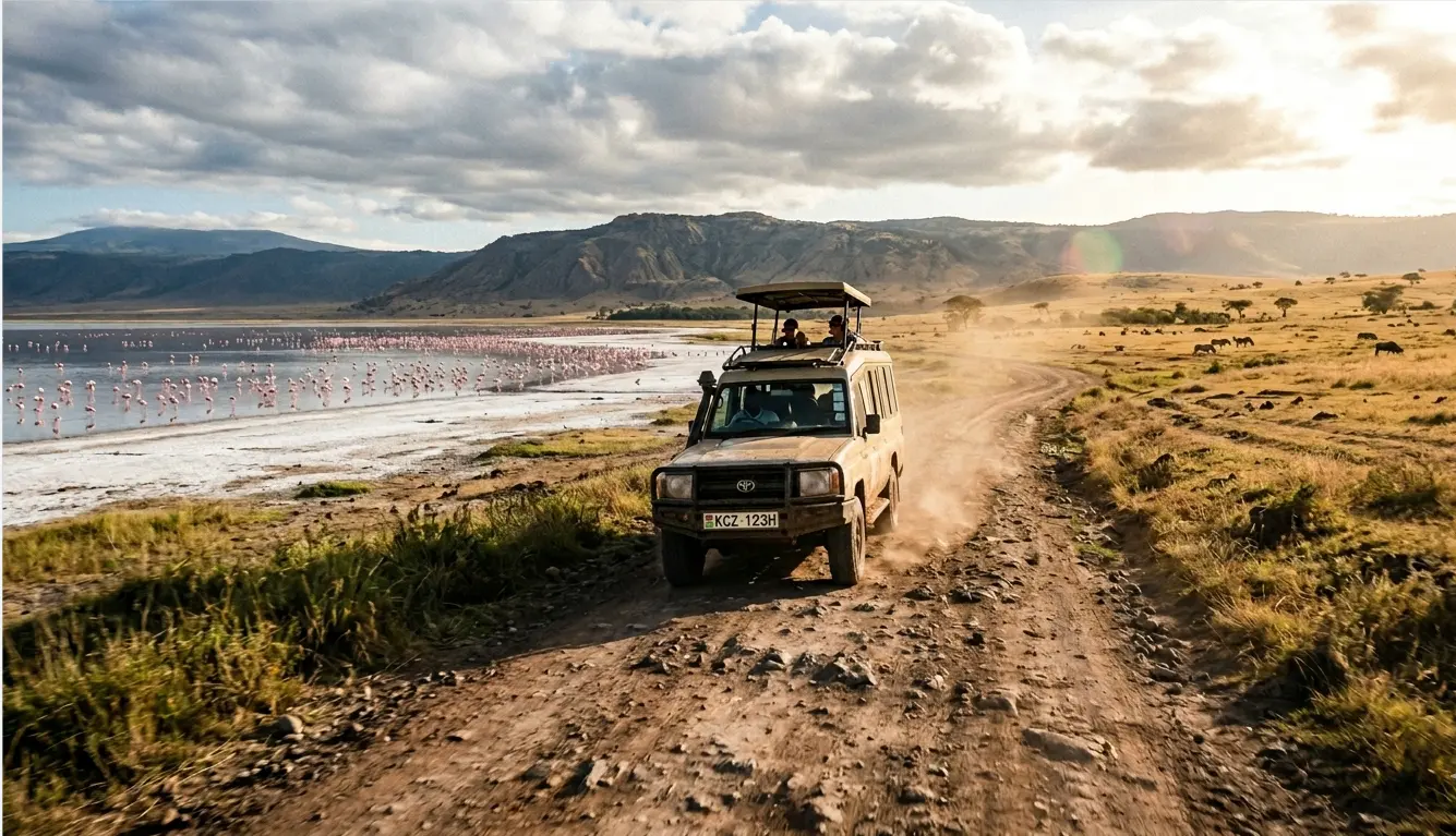Authentic 2026 safari vehicle driving on a dusty road bridging the flamingo-filled Lake Nakuru with the golden Masai Mara savannah.