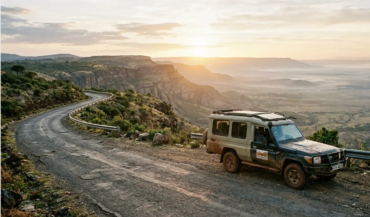 A safari vehicle parked on the winding Mai Mahiu escarpment road overlooking the Great Rift Valley.